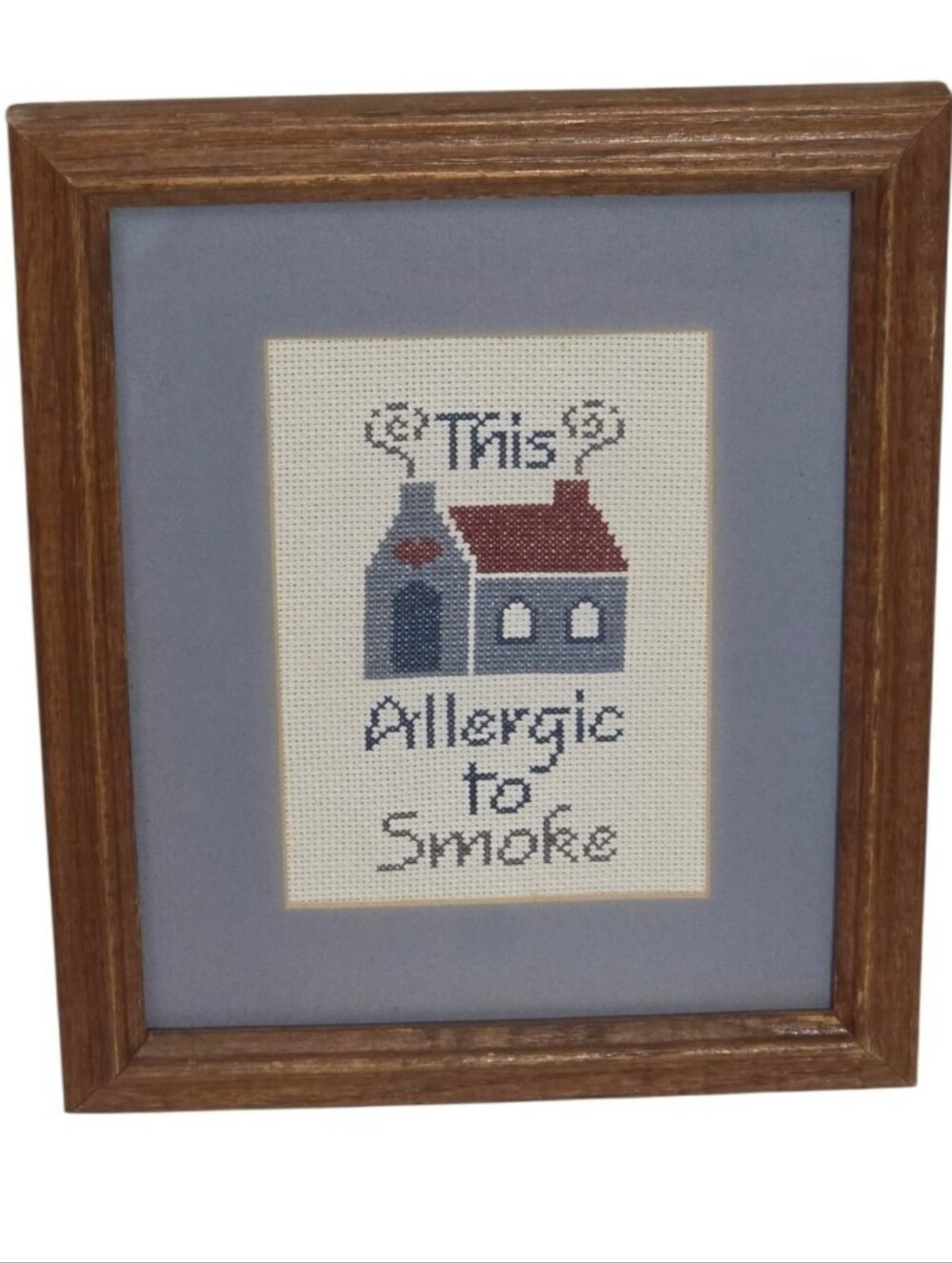 Vintage 80s This House Allergic To Smoke Cross Stitch Framed Art Country